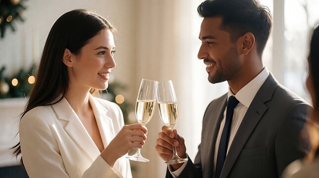 Elegant Couple Toasting with Champagne in Modern Indoor Setting