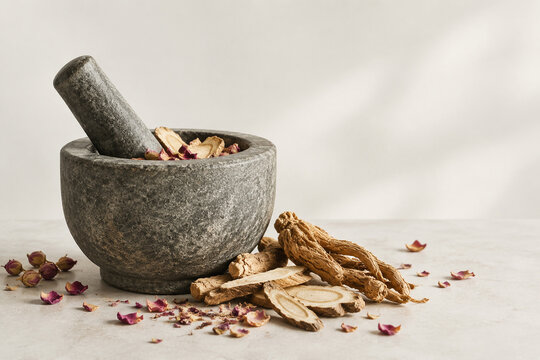 Stone mortar and pestle with dried mandrake roots and petals, herbal apothecary still life