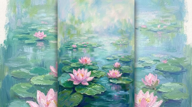 A beautiful lotus pond with pink water lilies rendered in an impressionist oil pastel style.