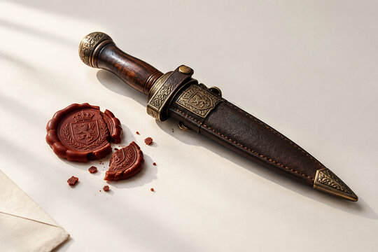 Broken wax seal with crest stamp and dagger, security and authenticity concept