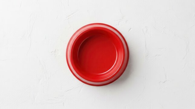 A single red pet dish sits empty on a white textured background from above.