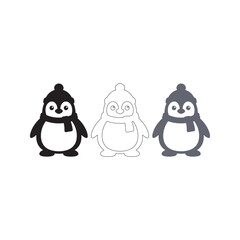 Fototapeta premium Cheerful penguin in a knitted beanie standing upright, shown in black, outline, and blue, a cute arctic character for kids clothing, winter school posters, and toy packaging