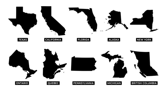 North America state and province silhouettes set with Texas, California, Florida, Alaska, New York, Ontario, Quebec, Pennsylvania, Michigan