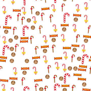 Christmas candy pattern with candy canes and wrapped sweets
