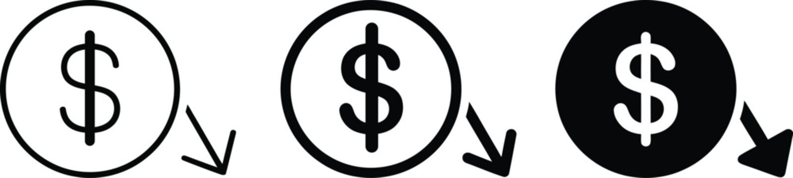Us dollar currency icons with decreasing value arrows dollar sign currency icon money loss price drop market crash economy decline