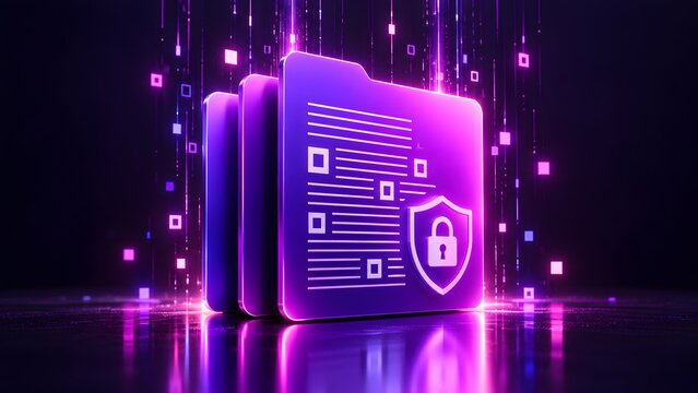 Glowing purple digital document folder with shield padlock icon for cybersecurity data protection and secure file privacy