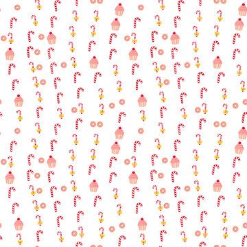 Seamless pattern of candy canes, cupcakes, and donuts