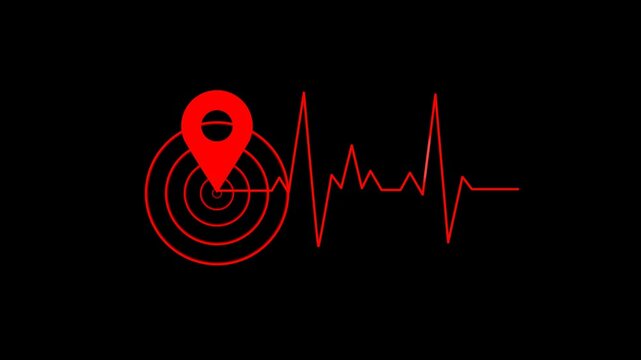 Earthquake Seismic Activity Location Pin Waveform Animation on a transparent background.