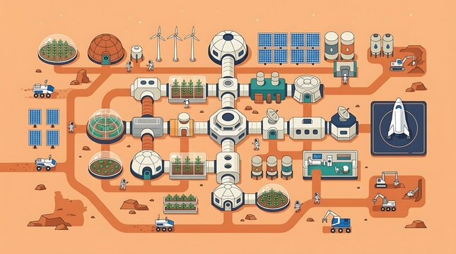 Futuristic mars settlement colony with space modules and greenhouses