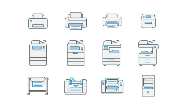 Comprehensive collection of twelve distinct line art icons, meticulously representing various types of printers and copiers for office and home use.