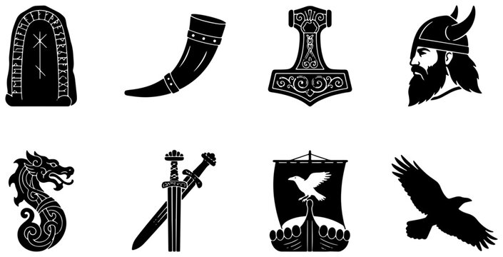 Viking silhouettes set with rune stone, horn, Thor's hammer, warrior, dragon, swords, longship and raven for logo and print