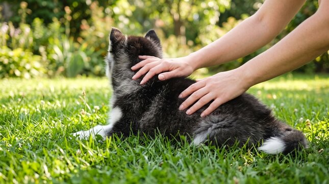 Woman inspecting cute puppy coat for parasitic worms and fleas on green lawn