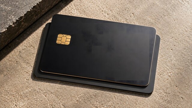 Two black credit cards with gold chip detail on textured concrete surface with dramatic side lighting and copy space