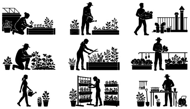Urban gardening silhouettes set with people planting, watering and harvesting for eco-friendly lifestyle and food production