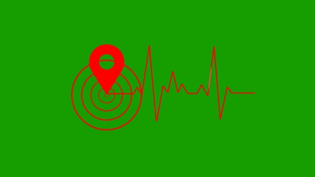 Red location marker and concentric seismic waves connect to an irregular waveform, representing earthquake detection and seismic activity monitoring.