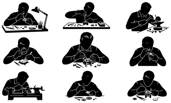 Watchmaker silhouettes set with tools for repair and assembly, precision craft for logos