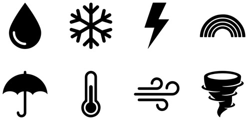 Fototapeta premium Weather icons set with rain drop, snowflake, lightning, rainbow, umbrella, thermometer, wind and tornado for forecast and climate
