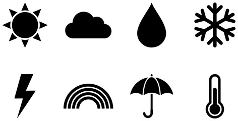 Fototapeta premium Weather condition symbols set with sun, cloud, rain drop, snowflake, lightning, rainbow, umbrella and thermometer for app and web