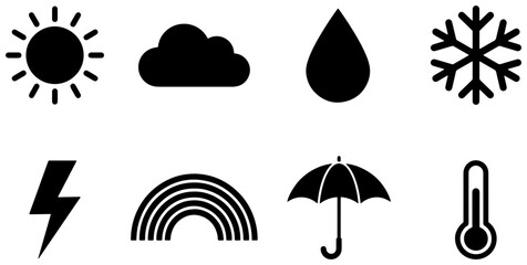 Fototapeta premium Weather icons set with sun, cloud, rain drop, snowflake, lightning, rainbow, umbrella and thermometer for forecast and climate apps