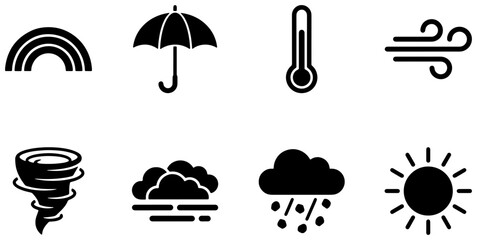 Fototapeta premium Weather icons set with sun, cloud, rain, tornado, wind, thermometer, umbrella and rainbow for meteorology and forecasting