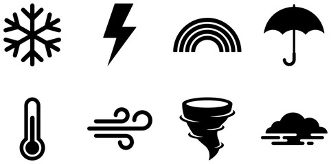 Fototapeta premium Weather icons set with snowflake, lightning, rainbow, umbrella, thermometer, wind, tornado and cloud for forecast and climate apps