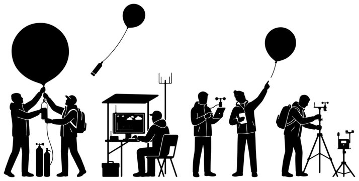 Weather researchers launching balloon and setting up equipment silhouettes for science and meteorology
