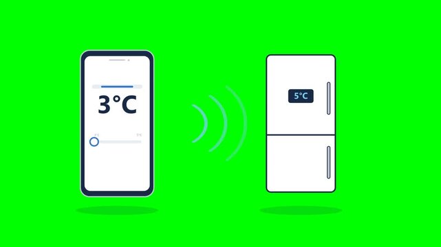 Professional 2D flat vector motion graphics animation of a smartphone user adjusting smart refrigerator temperature from 5C to 3C, sending wireless signal waves, updating fridge digital display