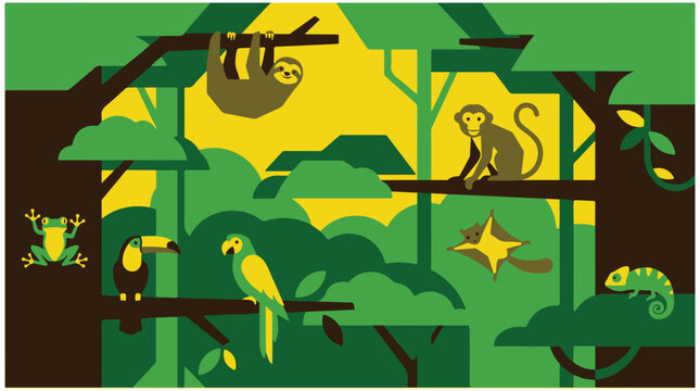 Tropical rainforest animals vector illustration with sloth monkey toucan parrot chameleon and frog in jungle canopy