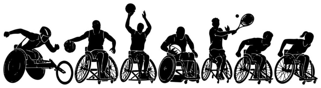Wheelchair athletes silhouettes set playing basketball and tennis for sports design
