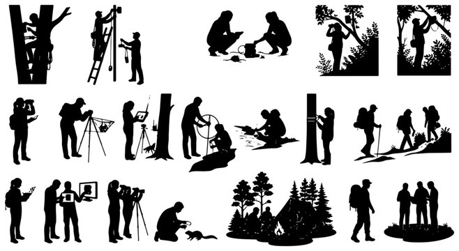 Wildlife conservationists silhouettes set with researchers monitoring nature, setting traps and hiking for eco projects