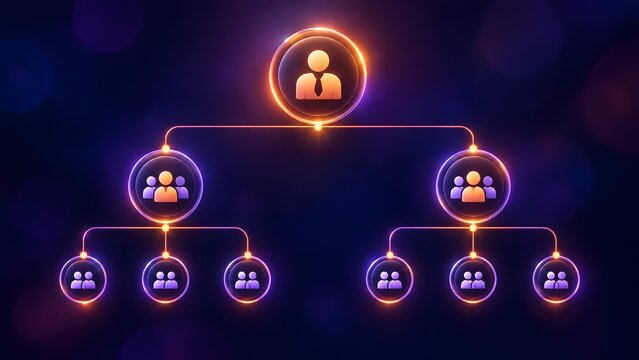 Corporate network structure represented by glowing purple nodes in a hierarchical tree diagram