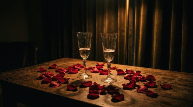 Champagne Glasses with Rose Petals Arranged on a Dark Wooden Table. Elegant Celebration and Luxury Concept. and Still Life