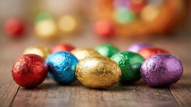 Chocolate Eggs Wrapped in Colored Foil, a Close-Up Macro Shot Showcasing Festive Treats and Vibrant Hues. with Foil Wrapped
