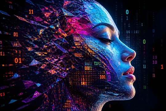 Futuristic Digital Human Face Blending Technology Identity and Abstract Geometry