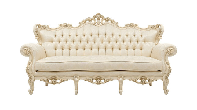 Luxurious cream colored rococo sofa features ornate detailed wood carvings and classic button tufting design isolated on a clear transparent background