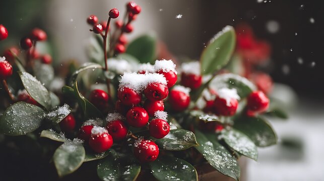 Snow-covered red berries rest delicately on lush greenery, creating a festive winter decoration with a soft-focus background that adds to the warm, inviting ambiance.