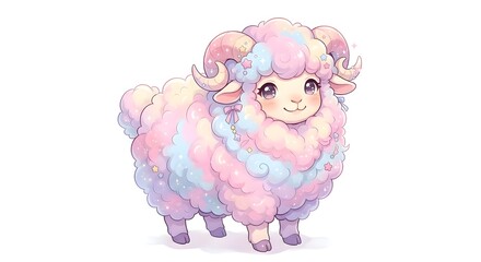 Obraz premium パステルカラーの可愛い羊イラスト 白背景の牡羊座・ファンタジー動物素材