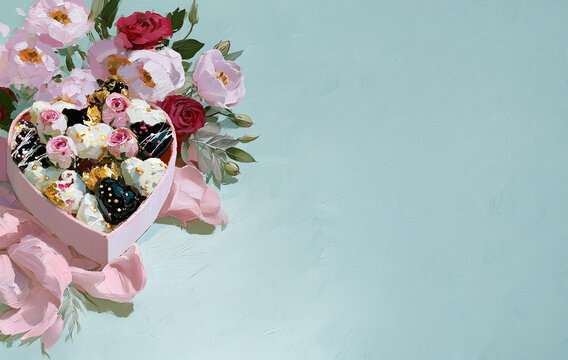 Beautiful botanical and sweet art composition featuring a heart-shaped gift box with flowers and artistic brushstrokes