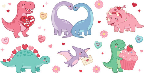 Cute Valentine Dinosaur Vector Clip Art Set Featuring Kawaii Dino Characters with Hearts, Love Letters, and Cupcake for Sweet Romantic Greeting Card Designs © Sohel