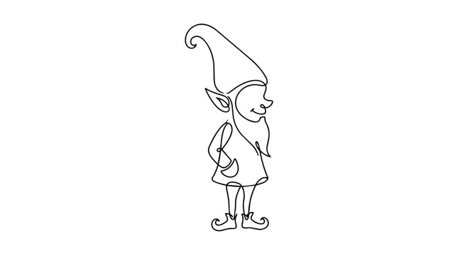 Line drawing depicts a whimsical gnome figure with a pointed hat and beard