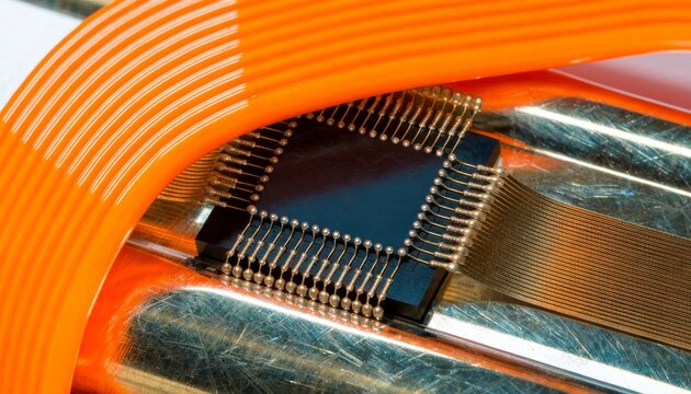 Close view of a circuit board with a microchip and orange connector in a laboratory setting