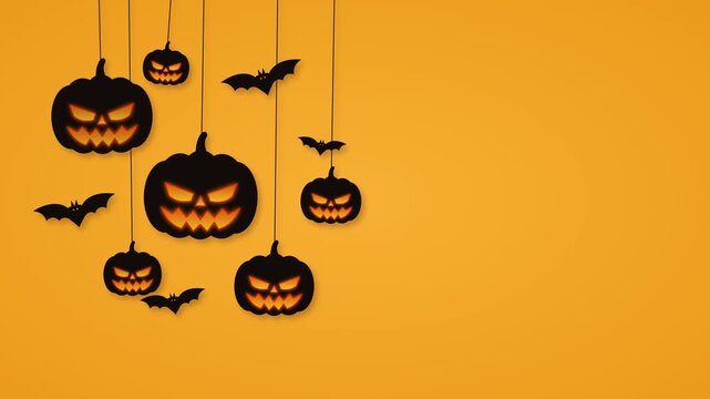 Looping Halloween animation in paper cut style. Black jack o lantern pumpkins with glowing evil faces swing on strings while bats flap their wings around them on an orange background.