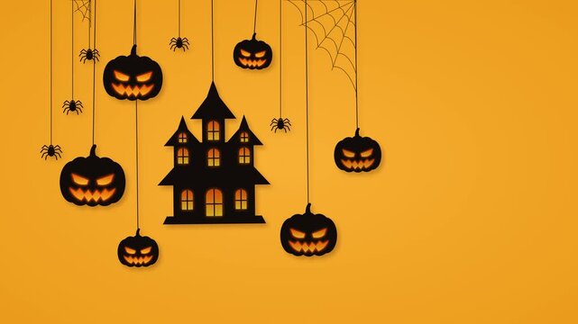 Looping Halloween animation in paper cut style. A black haunted house with glowing windows, jack o lantern pumpkins and spiders swing on strings against an orange background.