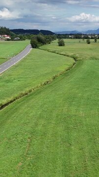 Picturesque summer landscape with green meadows and mountains on the horizon. Expanse of fresh bright green grass under a changing cloudy sky, ecology, agriculture, tourism, country vacation