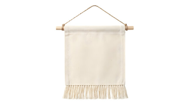 Neutral toned woven wall hanging with wooden dowel and fringe detail perfect for bohemian home decor isolated on transparent background