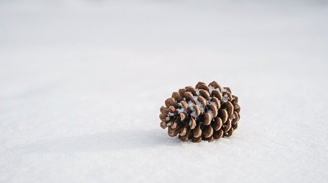 Single Pinecone Resting on Fresh Winter Snow