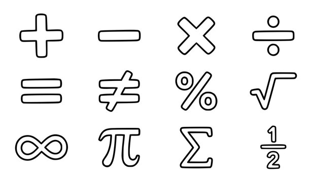Hand Drawn Mathematics Symbols Doodle Icon Set Black Outline Vector