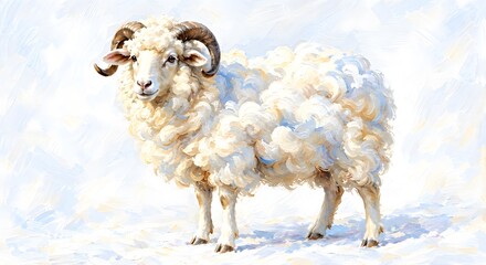 Obraz premium 油絵風の立派な角を持つ羊のイラスト 明るい背景の牡羊座・動物デザイン素材