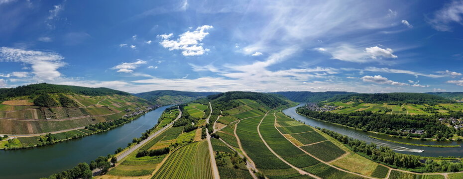 Beeindruckende Luftaufnahme der weiten Moselschleife am Zeller Hamm bei sommerlichem Wetter, gepr&auml;gt von saftig gr&uuml;nen Weinh&auml;ngen und dem gewundenen Flusslauf der Mosel.