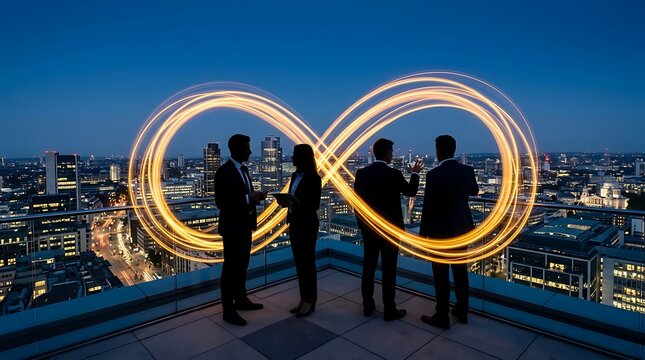Business team on rooftop overlooking city at night with infinity light trails symbolizing growth